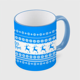 Кружка с полной запечаткой с принтом MERRY CHRISTMAS | BLUE в Белгороде, керамика | ёмкость 330 мл | 2020 | 2021 | 2022 | christmas | merry | santa | дед мороз | кот | леденец | мяу | нг | новогодний | новый год | олени | рождество | санта клаус | свитер | узоры
