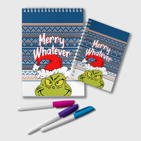 Блокнот с принтом MERRY WHATEVER | GRINCH в Белгороде, 100% бумага | 48 листов, плотность листов — 60 г/м2, плотность картонной обложки — 250 г/м2. Листы скреплены удобной пружинной спиралью. Цвет линий — светло-серый
 | Тематика изображения на принте: 2020 | 2021 | 2022 | christmas | grinch | merry | santa | whatever | гринч | дед мороз | леденец | нг | новогодний | новый год | олени | рождество | санта клаус | свитер | узоры