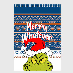 Скетчбук с принтом MERRY WHATEVER | GRINCH в Белгороде, 100% бумага
 | 48 листов, плотность листов — 100 г/м2, плотность картонной обложки — 250 г/м2. Листы скреплены сверху удобной пружинной спиралью | Тематика изображения на принте: 2020 | 2021 | 2022 | christmas | grinch | merry | santa | whatever | гринч | дед мороз | леденец | нг | новогодний | новый год | олени | рождество | санта клаус | свитер | узоры