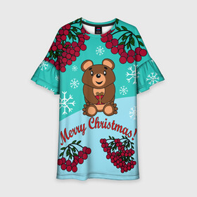 Детское платье 3D с принтом Мишка и рождество в Белгороде, 100% полиэстер | прямой силуэт, чуть расширенный к низу. Круглая горловина, на рукавах — воланы | 2022 | merry christmas | ветки | год тигра | детский | животные | зима | зимний | лес | медведь | мишка | мультяшный | новогодний | новый год | подарок | праздничный | рождество | рябина | снег | снегопад