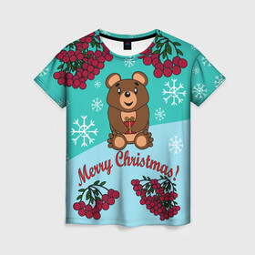 Женская футболка 3D с принтом Мишка и рождество в Белгороде, 100% полиэфир ( синтетическое хлопкоподобное полотно) | прямой крой, круглый вырез горловины, длина до линии бедер | 2022 | merry christmas | ветки | год тигра | детский | животные | зима | зимний | лес | медведь | мишка | мультяшный | новогодний | новый год | подарок | праздничный | рождество | рябина | снег | снегопад