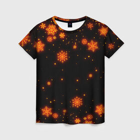 Женская футболка 3D с принтом ОГНЕННЫЕ НОВОГОДНИЕ СНЕЖИНКИ НЕОН в Белгороде, 100% полиэфир ( синтетическое хлопкоподобное полотно) | прямой крой, круглый вырез горловины, длина до линии бедер | Тематика изображения на принте: 2022 | beast | merry christmas | new year | red bow | santa hat | snow | tiger | winter | winter is coming | year of the tiger | год тигра | дед мороз | животные | звери | зверь | зима | зима 2022 | зима близко | новог | новогодни
