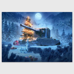 Поздравительная открытка с принтом World of Tanks Christmas в Белгороде, 100% бумага | плотность бумаги 280 г/м2, матовая, на обратной стороне линовка и место для марки
 | art | christmas | gifts | moon | new year | night | snow | tank | tree | winter | world of tanks | арт | елка | зима | луна | новый год | ночь | подарки | рождество | снег | танк