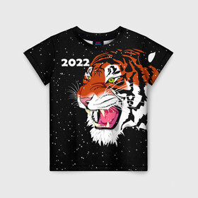 Детская футболка 3D с принтом Рычащий Тигр и Снегопад 2022 в Белгороде, 100% гипоаллергенный полиэфир | прямой крой, круглый вырез горловины, длина до линии бедер, чуть спущенное плечо, ткань немного тянется | Тематика изображения на принте: 2022 | black | cat | christmas | merry | new year | snow | tiger | xmas | водяной | год тигра | животные | кот | кошки | новый год | паттерн | полосатый | рождество | снег | снежинки | тигры | узор | цветы | черный