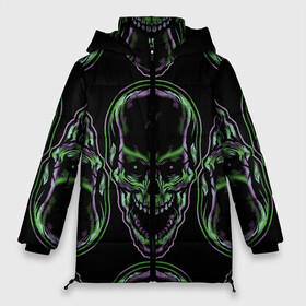 Женская зимняя куртка Oversize с принтом Skulls vanguard pattern 2077 в Белгороде, верх — 100% полиэстер; подкладка — 100% полиэстер; утеплитель — 100% полиэстер | длина ниже бедра, силуэт Оверсайз. Есть воротник-стойка, отстегивающийся капюшон и ветрозащитная планка. 

Боковые карманы с листочкой на кнопках и внутренний карман на молнии | fashion | hype | neon | pattern | skull | vanguard | авангард | неон | узор | хайп | череп