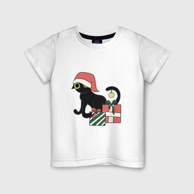 Детская футболка хлопок с принтом новогодний кот 2022 в Белгороде, 100% хлопок | круглый вырез горловины, полуприлегающий силуэт, длина до линии бедер | Тематика изображения на принте: дед мороз | ёлки | кот | котик | котэ | новый год | снегурка | черный кот
