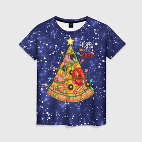 Женская футболка 3D с принтом Новогодняя Елка Пицца в Белгороде, 100% полиэфир ( синтетическое хлопкоподобное полотно) | прямой крой, круглый вырез горловины, длина до линии бедер | christmas | pizza | гирлянда | елка | ель | звезда | новый год | пицца | рождество