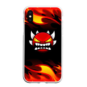 Чехол для iPhone XS Max матовый с принтом Geometry Dash Fire в Белгороде, Силикон | Область печати: задняя сторона чехла, без боковых панелей | 2d | arcade | demon | game | geometry dash | levels | meltdown | robtop | smile | аркада | геометрический тире | демон | раннер | смайлы | уровни | эмоции