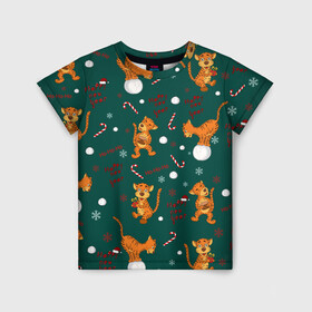 Детская футболка 3D с принтом тигр и рождество в Белгороде, 100% гипоаллергенный полиэфир | прямой крой, круглый вырез горловины, длина до линии бедер, чуть спущенное плечо, ткань немного тянется | happy new year | merry christmas | год тигра | животные | звери | зеленый | зима | зимний принт | иллюстрация | кошка | красный | леденец | новогодний | оранжевый | подарок | полосатый | рождество | снег | снегопад