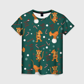Женская футболка 3D с принтом тигр и рождество в Белгороде, 100% полиэфир ( синтетическое хлопкоподобное полотно) | прямой крой, круглый вырез горловины, длина до линии бедер | happy new year | merry christmas | год тигра | животные | звери | зеленый | зима | зимний принт | иллюстрация | кошка | красный | леденец | новогодний | оранжевый | подарок | полосатый | рождество | снег | снегопад