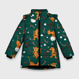Зимняя куртка для девочек 3D с принтом тигр и рождество в Белгороде, ткань верха — 100% полиэстер; подклад — 100% полиэстер, утеплитель — 100% полиэстер. | длина ниже бедра, удлиненная спинка, воротник стойка и отстегивающийся капюшон. Есть боковые карманы с листочкой на кнопках, утяжки по низу изделия и внутренний карман на молнии. 

Предусмотрены светоотражающий принт на спинке, радужный светоотражающий элемент на пуллере молнии и на резинке для утяжки. | Тематика изображения на принте: happy new year | merry christmas | год тигра | животные | звери | зеленый | зима | зимний принт | иллюстрация | кошка | красный | леденец | новогодний | оранжевый | подарок | полосатый | рождество | снег | снегопад