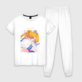 Женская пижама хлопок с принтом Sad Usagi | Sailor Moon в Белгороде, 100% хлопок | брюки и футболка прямого кроя, без карманов, на брюках мягкая резинка на поясе и по низу штанин | sailor moon | usagi tsukino | сейлор мун | усаги | усаги цукино