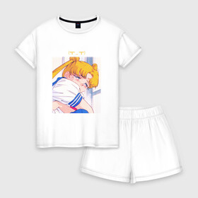 Женская пижама с шортиками хлопок с принтом Sad Usagi | Sailor Moon в Белгороде, 100% хлопок | футболка прямого кроя, шорты свободные с широкой мягкой резинкой | sailor moon | usagi tsukino | сейлор мун | усаги | усаги цукино