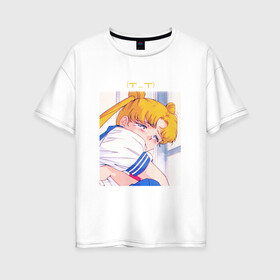 Женская футболка хлопок Oversize с принтом Sad Usagi | Sailor Moon в Белгороде, 100% хлопок | свободный крой, круглый ворот, спущенный рукав, длина до линии бедер
 | sailor moon | usagi tsukino | сейлор мун | усаги | усаги цукино