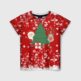 Детская футболка 3D с принтом Новогоднее настроение Santa в Белгороде, 100% гипоаллергенный полиэфир | прямой крой, круглый вырез горловины, длина до линии бедер, чуть спущенное плечо, ткань немного тянется | 2021 | 2022 | happy new year 2022 | дед мороз | дед мороз и олень | елка | новый год | новый год 2022 | олень | праздник | санта