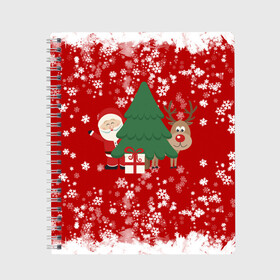 Тетрадь с принтом Новогоднее настроение Santa в Белгороде, 100% бумага | 48 листов, плотность листов — 60 г/м2, плотность картонной обложки — 250 г/м2. Листы скреплены сбоку удобной пружинной спиралью. Уголки страниц и обложки скругленные. Цвет линий — светло-серый
 | 2021 | 2022 | happy new year 2022 | дед мороз | дед мороз и олень | елка | новый год | новый год 2022 | олень | праздник | санта