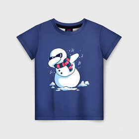 Детская футболка 3D с принтом Dab Snowman in a scarf в Белгороде, 100% гипоаллергенный полиэфир | прямой крой, круглый вырез горловины, длина до линии бедер, чуть спущенное плечо, ткань немного тянется | 2022 | 22 | christmas | dab | dub | new | notes | scarf | snow | snowman | snowy | woman | year | баба | год | даб | новый | ноты | очки | рождество | снег | снеговик | снежная | шарф