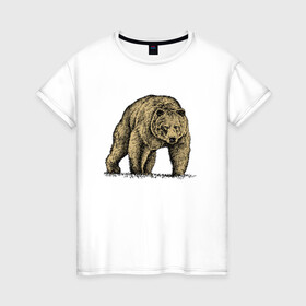 Женская футболка хлопок с принтом Русский бурый медведь в Белгороде, 100% хлопок | прямой крой, круглый вырез горловины, длина до линии бедер, слегка спущенное плечо | bear | courage | fearlessness | force | muzzle | paws | power | russia | бесстрашие | лапы | медведь | мощь | мужество | отвага | россия | сила