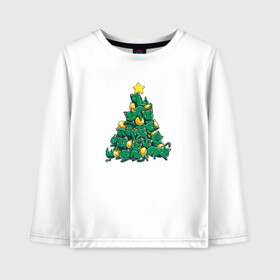 Детский лонгслив хлопок с принтом Christmas Tree Made Of Green Cats в Белгороде, 100% хлопок | круглый вырез горловины, полуприлегающий силуэт, длина до линии бедер | cat | cats | christmas | decotarions | green | kittens | made | new | of | star | toys | tree | year | год | ёлка | звезда | игрушки | кот | коты | котята | кошки | новый | рождество