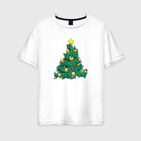 Женская футболка хлопок Oversize с принтом Christmas Tree Made Of Green Cats в Белгороде, 100% хлопок | свободный крой, круглый ворот, спущенный рукав, длина до линии бедер
 | cat | cats | christmas | decotarions | green | kittens | made | new | of | star | toys | tree | year | год | ёлка | звезда | игрушки | кот | коты | котята | кошки | новый | рождество