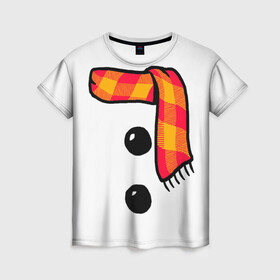 Женская футболка 3D с принтом Snowman Outfit в Белгороде, 100% полиэфир ( синтетическое хлопкоподобное полотно) | прямой крой, круглый вырез горловины, длина до линии бедер | attributes | buttons | christmas | new | scarf | snow | snowman | snowy | woman | year | атрибутика | баба | год | новый | пуговица | пуговицы | рождество | снег | снеговик | снежная | шарф