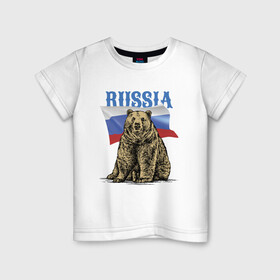 Детская футболка хлопок с принтом Символика России и медведь в Белгороде, 100% хлопок | круглый вырез горловины, полуприлегающий силуэт, длина до линии бедер | bear | courage | fearlessness | flag | force | muzzle | paws | power | russia | бесстрашие | лапы | медведь | мощь | мужество | отвага | россия | сила | флаг