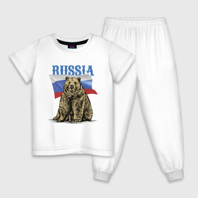 Детская пижама хлопок с принтом Символика России и медведь в Белгороде, 100% хлопок |  брюки и футболка прямого кроя, без карманов, на брюках мягкая резинка на поясе и по низу штанин
 | bear | courage | fearlessness | flag | force | muzzle | paws | power | russia | бесстрашие | лапы | медведь | мощь | мужество | отвага | россия | сила | флаг