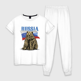 Женская пижама хлопок с принтом Символика России и медведь в Белгороде, 100% хлопок | брюки и футболка прямого кроя, без карманов, на брюках мягкая резинка на поясе и по низу штанин | bear | courage | fearlessness | flag | force | muzzle | paws | power | russia | бесстрашие | лапы | медведь | мощь | мужество | отвага | россия | сила | флаг