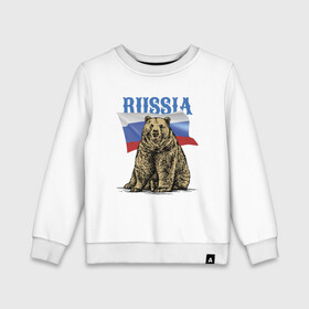 Детский свитшот хлопок с принтом Символика России и медведь в Белгороде, 100% хлопок | круглый вырез горловины, эластичные манжеты, пояс и воротник | bear | courage | fearlessness | flag | force | muzzle | paws | power | russia | бесстрашие | лапы | медведь | мощь | мужество | отвага | россия | сила | флаг