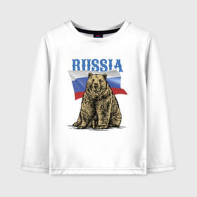 Детский лонгслив хлопок с принтом Символика России и медведь в Белгороде, 100% хлопок | круглый вырез горловины, полуприлегающий силуэт, длина до линии бедер | bear | courage | fearlessness | flag | force | muzzle | paws | power | russia | бесстрашие | лапы | медведь | мощь | мужество | отвага | россия | сила | флаг
