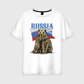 Женская футболка хлопок Oversize с принтом Символика России и медведь в Белгороде, 100% хлопок | свободный крой, круглый ворот, спущенный рукав, длина до линии бедер
 | bear | courage | fearlessness | flag | force | muzzle | paws | power | russia | бесстрашие | лапы | медведь | мощь | мужество | отвага | россия | сила | флаг