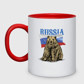 Кружка двухцветная с принтом Символика России и медведь в Белгороде, керамика | объем — 330 мл, диаметр — 80 мм. Цветная ручка и кайма сверху, в некоторых цветах — вся внутренняя часть | bear | courage | fearlessness | flag | force | muzzle | paws | power | russia | бесстрашие | лапы | медведь | мощь | мужество | отвага | россия | сила | флаг