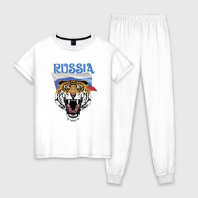 Женская пижама хлопок с принтом Уссурийский русский тигр в Белгороде, 100% хлопок | брюки и футболка прямого кроя, без карманов, на брюках мягкая резинка на поясе и по низу штанин | courage | fearlessness | flag | force | muzzle | paws | power | russia | tiger | бесстрашие | лапы | мощь | мужество | отвага | россия | сила | тигр | флаг