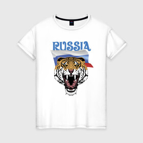 Женская футболка хлопок с принтом Уссурийский русский тигр в Белгороде, 100% хлопок | прямой крой, круглый вырез горловины, длина до линии бедер, слегка спущенное плечо | courage | fearlessness | flag | force | muzzle | paws | power | russia | tiger | бесстрашие | лапы | мощь | мужество | отвага | россия | сила | тигр | флаг