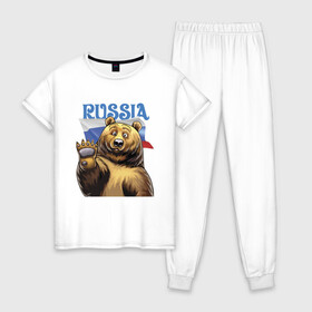 Женская пижама хлопок с принтом Прикольный русский медвежара в Белгороде, 100% хлопок | брюки и футболка прямого кроя, без карманов, на брюках мягкая резинка на поясе и по низу штанин | bear | courage | fearlessness | flag | force | muzzle | paws | power | russia | бесстрашие | лапы | медведь | мощь | мужество | отвага | россия | сила | флаг