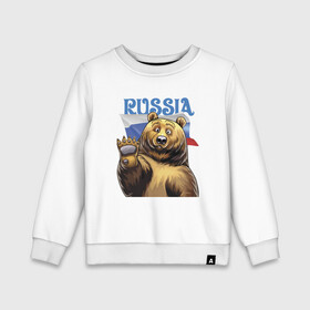 Детский свитшот хлопок с принтом Прикольный русский медвежара в Белгороде, 100% хлопок | круглый вырез горловины, эластичные манжеты, пояс и воротник | bear | courage | fearlessness | flag | force | muzzle | paws | power | russia | бесстрашие | лапы | медведь | мощь | мужество | отвага | россия | сила | флаг