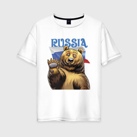 Женская футболка хлопок Oversize с принтом Прикольный русский медвежара в Белгороде, 100% хлопок | свободный крой, круглый ворот, спущенный рукав, длина до линии бедер
 | bear | courage | fearlessness | flag | force | muzzle | paws | power | russia | бесстрашие | лапы | медведь | мощь | мужество | отвага | россия | сила | флаг