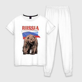 Женская пижама хлопок с принтом Русский свирепый медведь в Белгороде, 100% хлопок | брюки и футболка прямого кроя, без карманов, на брюках мягкая резинка на поясе и по низу штанин | bear | courage | fearlessness | flag | force | muzzle | paws | power | russia | бесстрашие | лапы | медведь | мощь | мужество | отвага | россия | сила | флаг