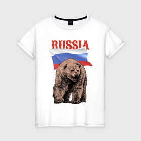 Женская футболка хлопок с принтом Русский свирепый медведь в Белгороде, 100% хлопок | прямой крой, круглый вырез горловины, длина до линии бедер, слегка спущенное плечо | bear | courage | fearlessness | flag | force | muzzle | paws | power | russia | бесстрашие | лапы | медведь | мощь | мужество | отвага | россия | сила | флаг