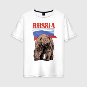 Женская футболка хлопок Oversize с принтом Русский свирепый медведь в Белгороде, 100% хлопок | свободный крой, круглый ворот, спущенный рукав, длина до линии бедер
 | bear | courage | fearlessness | flag | force | muzzle | paws | power | russia | бесстрашие | лапы | медведь | мощь | мужество | отвага | россия | сила | флаг