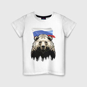 Детская футболка хлопок с принтом Русский спокойный хозяин леса в Белгороде, 100% хлопок | круглый вырез горловины, полуприлегающий силуэт, длина до линии бедер | bear | courage | fearlessness | flag | force | forest | muzzle | paws | power | russia | бесстрашие | лапы | лес | медведь | мощь | мужество | отвага | россия | сила | флаг