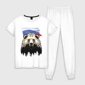 Женская пижама хлопок с принтом Русский спокойный хозяин леса в Белгороде, 100% хлопок | брюки и футболка прямого кроя, без карманов, на брюках мягкая резинка на поясе и по низу штанин | bear | courage | fearlessness | flag | force | forest | muzzle | paws | power | russia | бесстрашие | лапы | лес | медведь | мощь | мужество | отвага | россия | сила | флаг