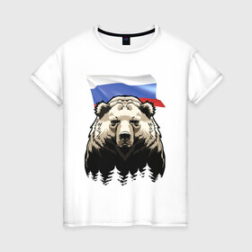 Женская футболка хлопок с принтом Русский спокойный хозяин леса в Белгороде, 100% хлопок | прямой крой, круглый вырез горловины, длина до линии бедер, слегка спущенное плечо | bear | courage | fearlessness | flag | force | forest | muzzle | paws | power | russia | бесстрашие | лапы | лес | медведь | мощь | мужество | отвага | россия | сила | флаг