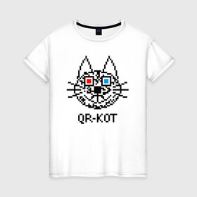 Женская футболка хлопок с принтом QR кот в стерео очках. в Белгороде, 100% хлопок | прямой крой, круглый вырез горловины, длина до линии бедер, слегка спущенное плечо | 3d | head | kitten | kote | pixels | qr cat | qr code | qr код | qr кот | watching a movie | голова | котенок | котэ | кошка | пиксели | смотрит кино | стерео очки
