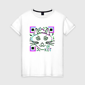 Женская футболка хлопок с принтом QR-Кот 3D в Белгороде, 100% хлопок | прямой крой, круглый вырез горловины, длина до линии бедер, слегка спущенное плечо | 3d | 3д | qr код | qr кот | ковид | кот | кошка | кьюар код | кьюард кот | мемы qr | мемы кот | прикол