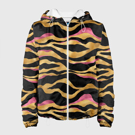 Женская куртка 3D с принтом тигровый окрас Gold Pink в Белгороде, ткань верха — 100% полиэстер, подклад — флис | прямой крой, подол и капюшон оформлены резинкой с фиксаторами, два кармана без застежек по бокам, один большой потайной карман на груди. Карман на груди застегивается на липучку | Тематика изображения на принте: 2022 | год тигра | новый год | новый год 2022 | символ года | тигр | тигренок | тигрица | тигры