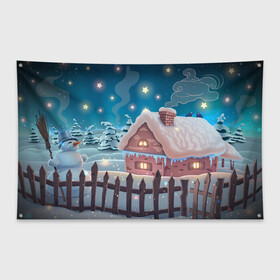 Флаг-баннер с принтом Домик в деревне в Белгороде, 100% полиэстер | размер 67 х 109 см, плотность ткани — 95 г/м2; по краям флага есть четыре люверса для крепления | new year | арт | графика | деревня | дом | зима | новый год | рождество | снеговик