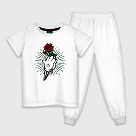 Детская пижама хлопок с принтом Роза в руках в Белгороде, 100% хлопок |  брюки и футболка прямого кроя, без карманов, на брюках мягкая резинка на поясе и по низу штанин
 | краснаяроза | лучи | роза | руки | цветок