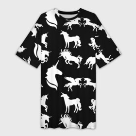 Платье-футболка 3D с принтом Белые единороги на черном фоне в Белгороде,  |  | единорог | животные | звери | узор | чернобелый