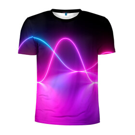 Мужская футболка 3D спортивная с принтом Лучи света pink theme в Белгороде, 100% полиэстер с улучшенными характеристиками | приталенный силуэт, круглая горловина, широкие плечи, сужается к линии бедра | Тематика изображения на принте: абстрактные | волна | волна света | излучение | киберпанк | лучи | лучи света | неон | неоновые принты | рисунок | свет